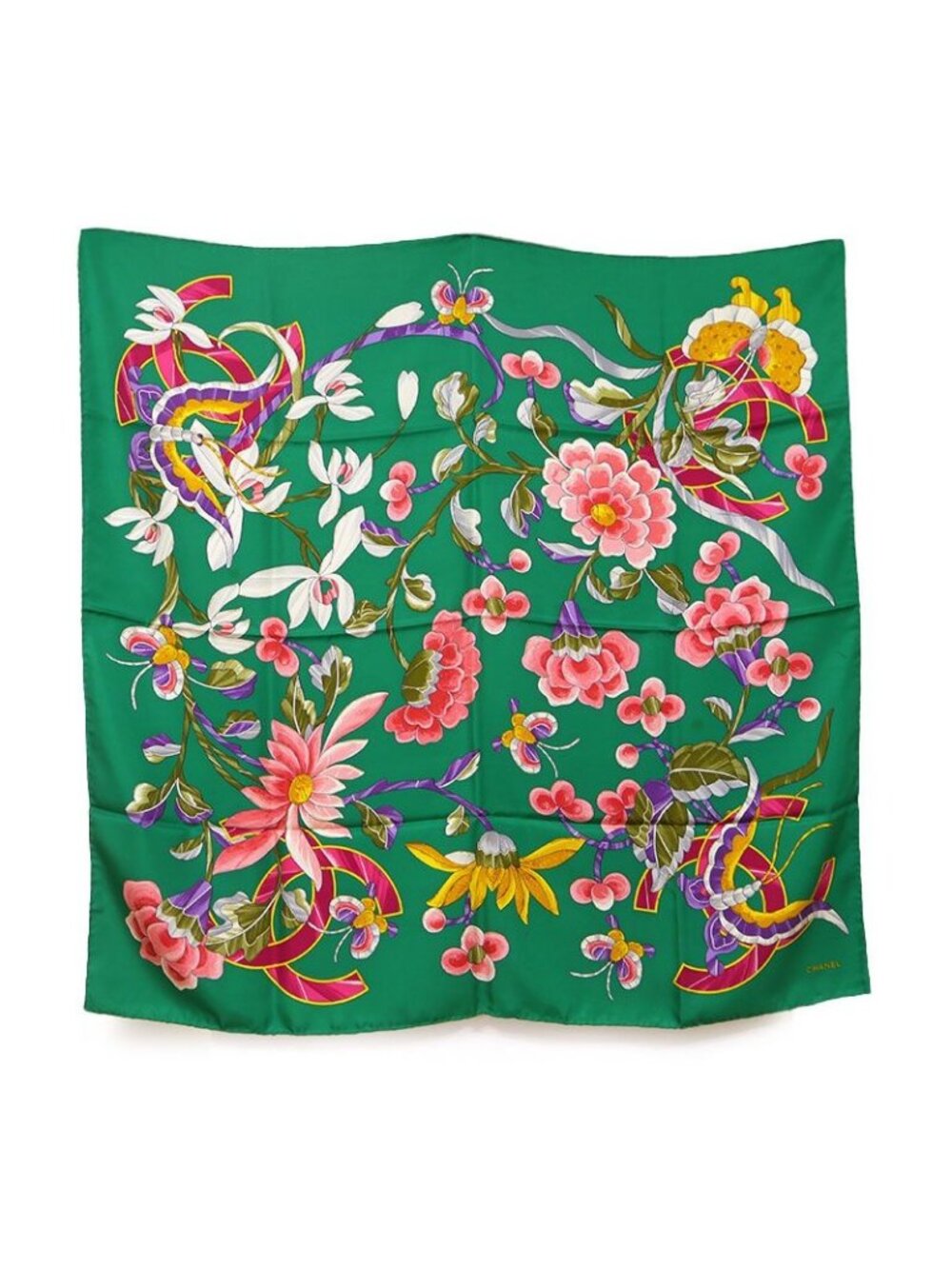 Chanel Silk Scarf Green Flower Floral Pattern Butterfly Coco Mark - Picture 1 of 4